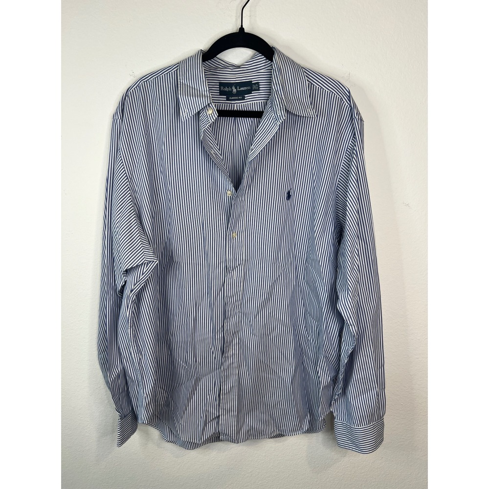 Ralph Lauren Mens Button Down Shirt Striped Classic Fit Blue White 17.5 36/37